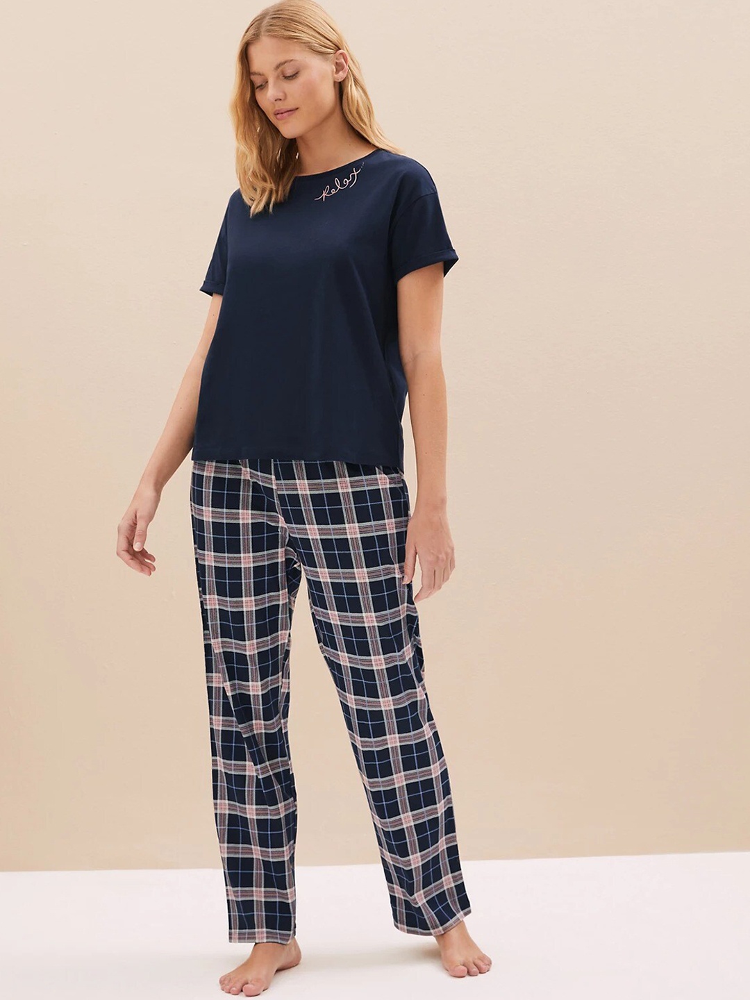 

Marks & Spencer Checks Pure Cotton Night Suit, Navy blue