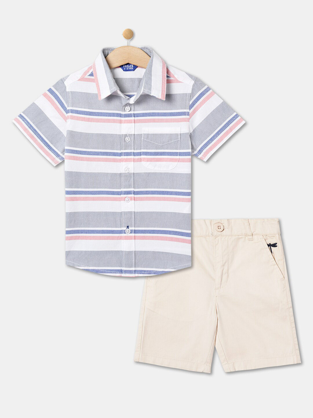 

R&B Boys Striped Pure Cotton Short Sleeves Shirt with Shorts Clothing Set, Grey
