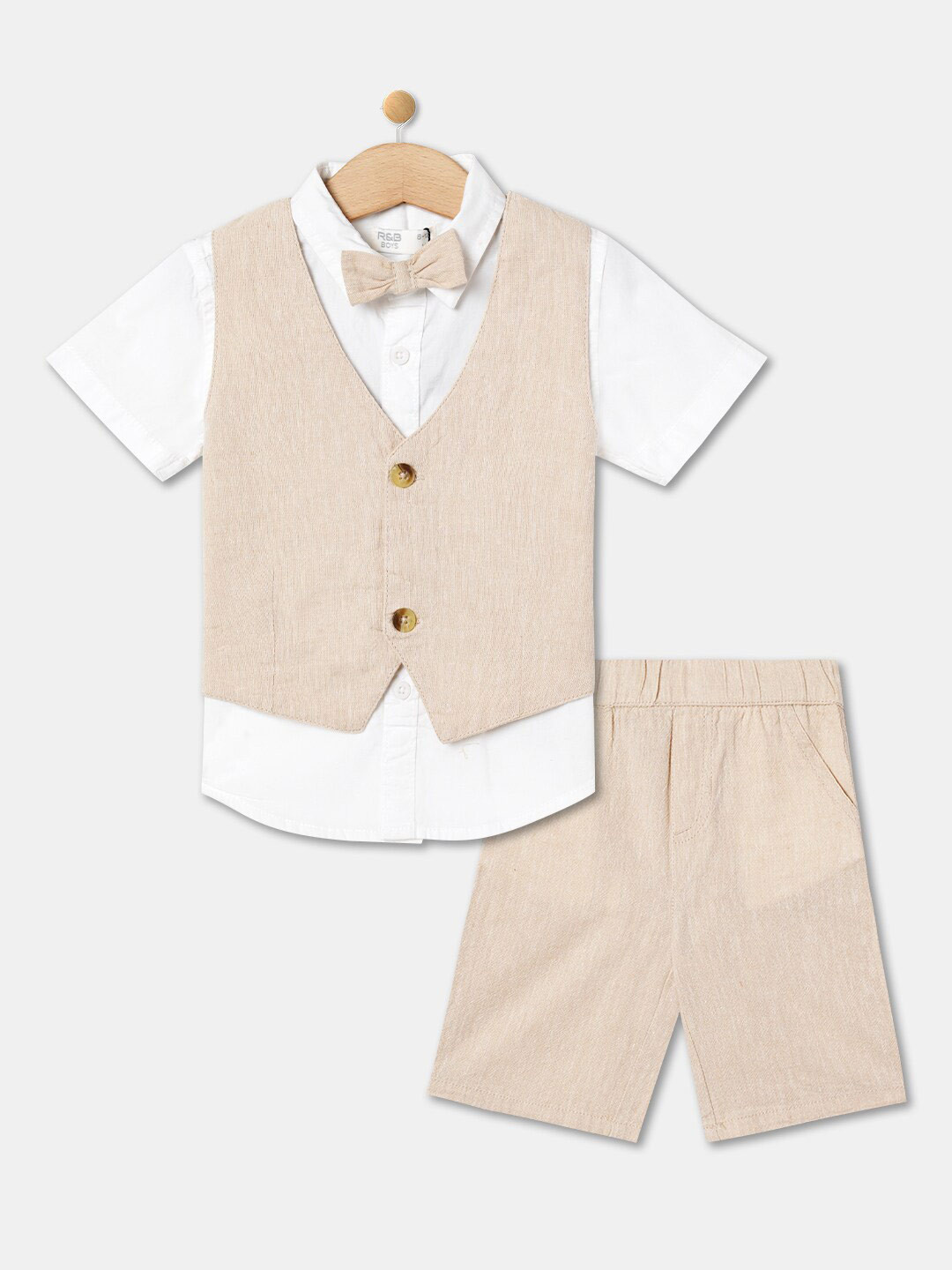 

R&B Infant Boys Pure Cotton Short Sleeves Shirt and Shorts with Waistcoat Clothing Set, Beige