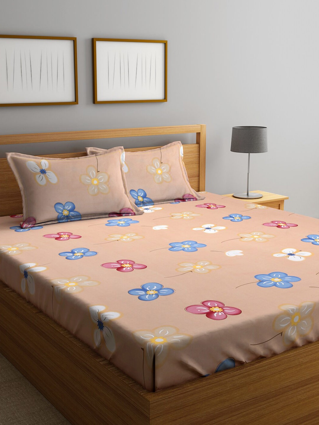 

SOKNACK Peach & Blue Floral Printed 260 TC Queen Bedsheet With 2 Pillow Covers