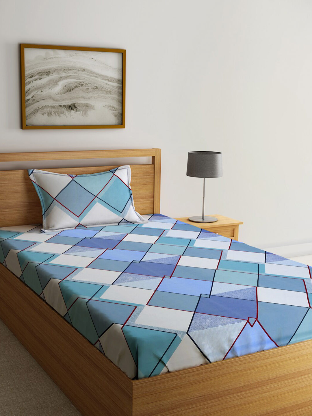 

SOKNACK Blue & White Geometric Printed 300 TC Cotton Single Bedsheet With 1 Pillow Cover