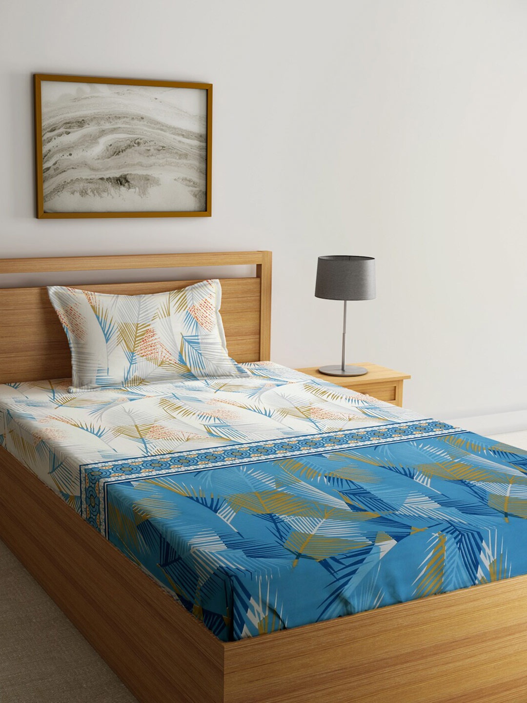 

SOKNACK Blue & White Printed 300 TC Single Bedsheet With 1 Pillow Cover