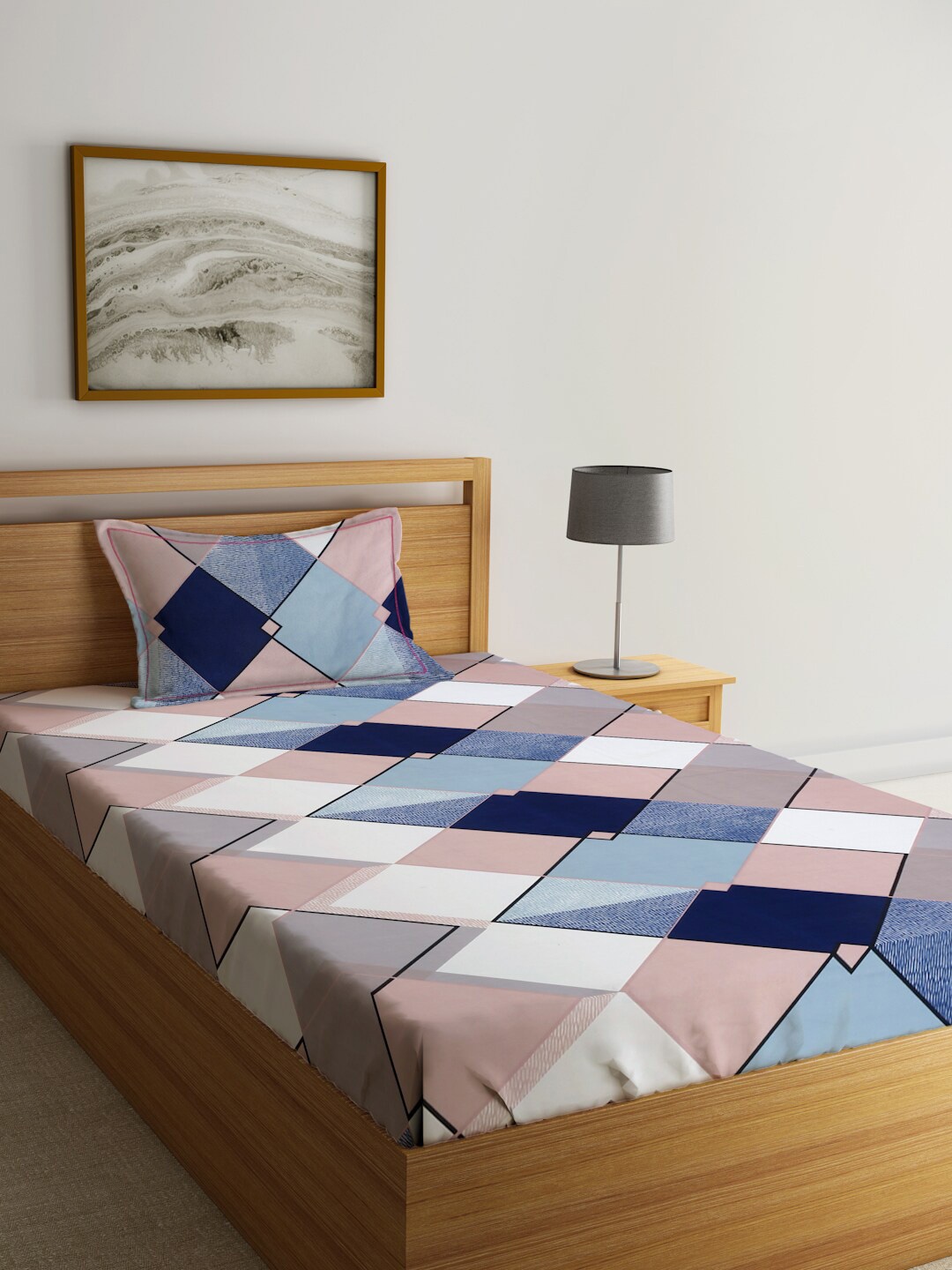 

SOKNACK Peach & Blue Geometric Printed 300 TC Single Bedsheet With 1 Pillow Cover