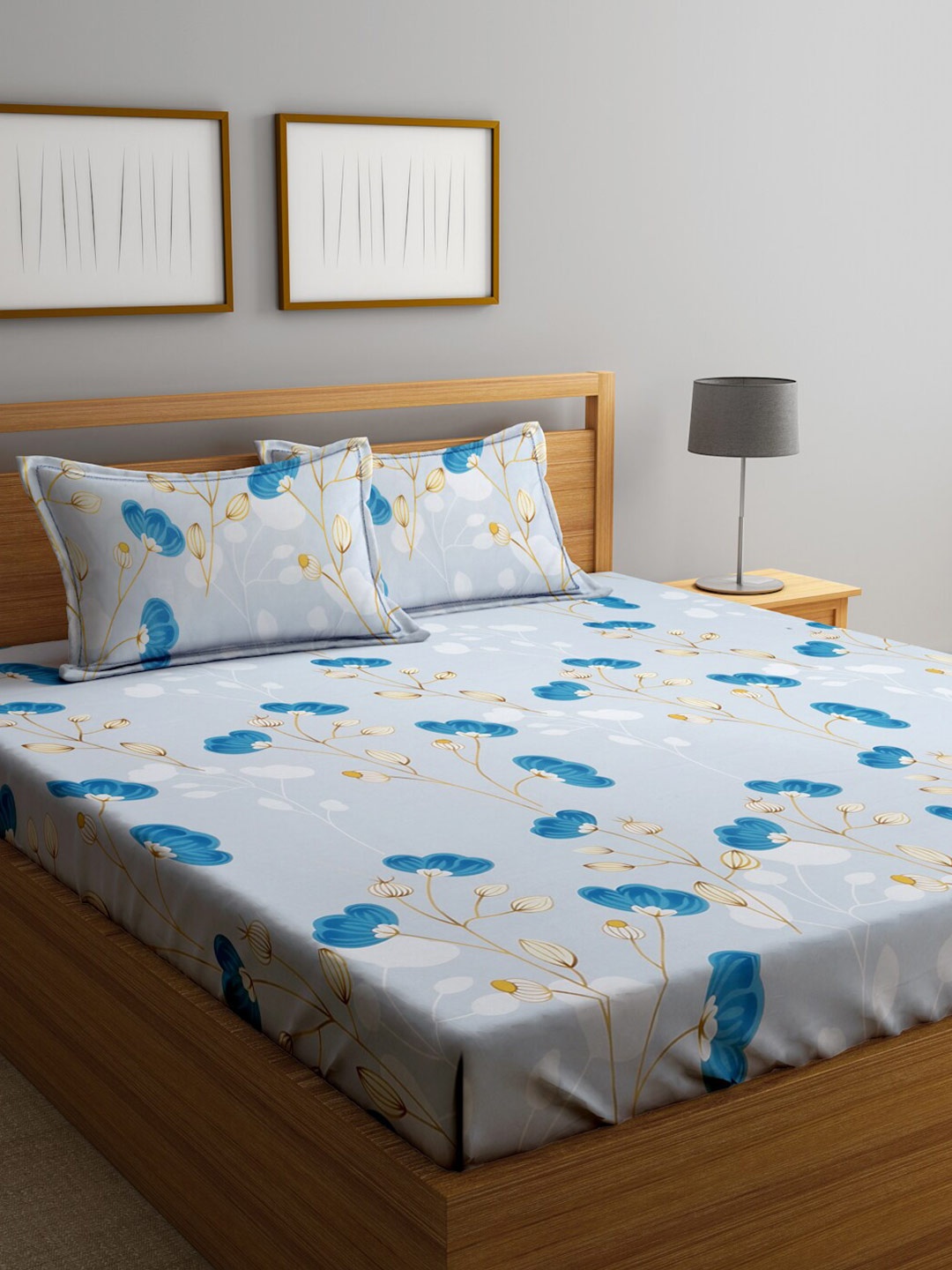 

SOKNACK Grey & Blue Floral Printed 300 TC Queen Bedsheet With 2 Pillow Covers