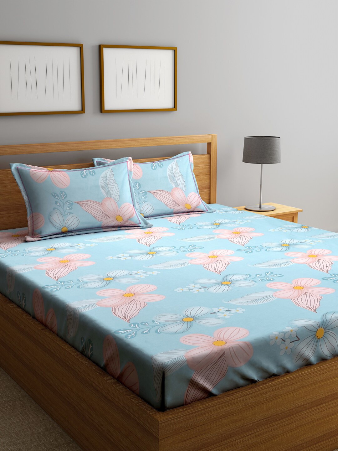 

SOKNACK Blue & Pink Floral Printed 300 TC Queen Bedsheet With 2 Pillow Covers