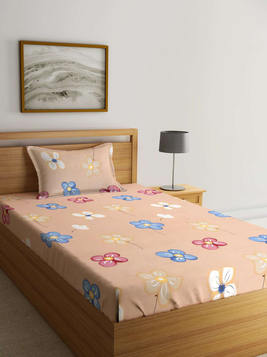 

SOKNACK Peach & Blue Floral 300 TC Cotton Single Bedsheet With 1 Pillow Cover
