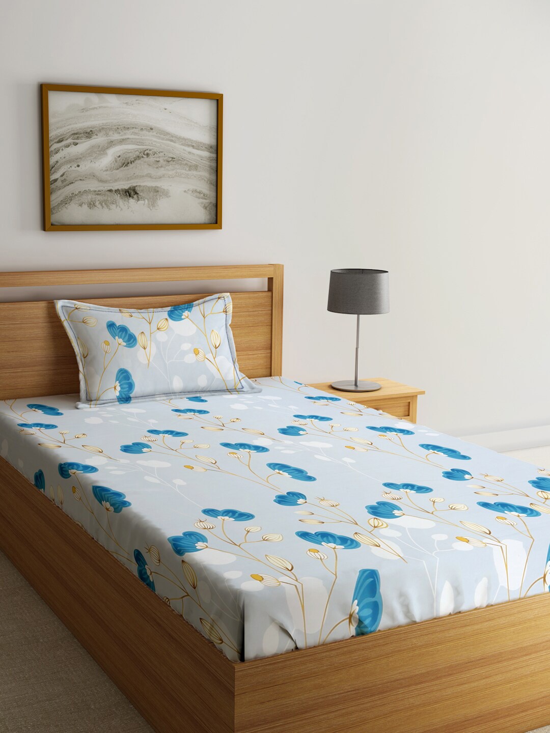 

SOKNACK Grey & Blue Floral Printed 300 TC Cotton Single Bedsheet With 1 Pillow Cover