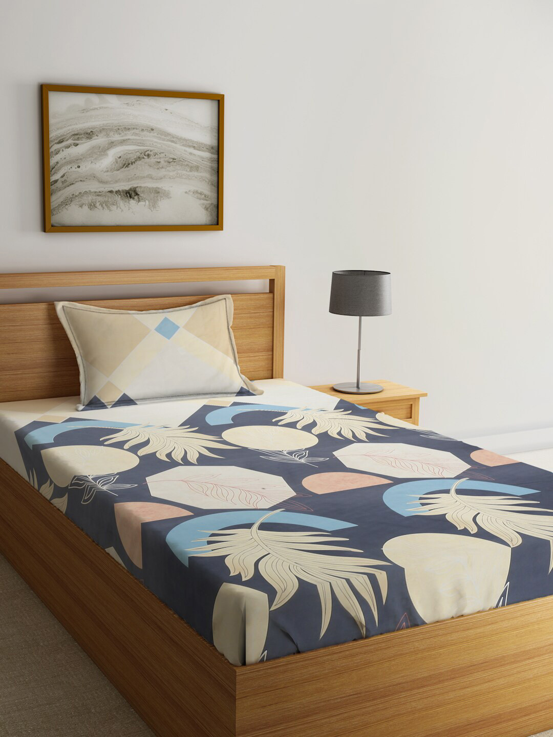 

SOKNACK Navy Blue & Cream Floral Printed 300 TC Cotton Single Bedsheet With 1 Pillow Cover