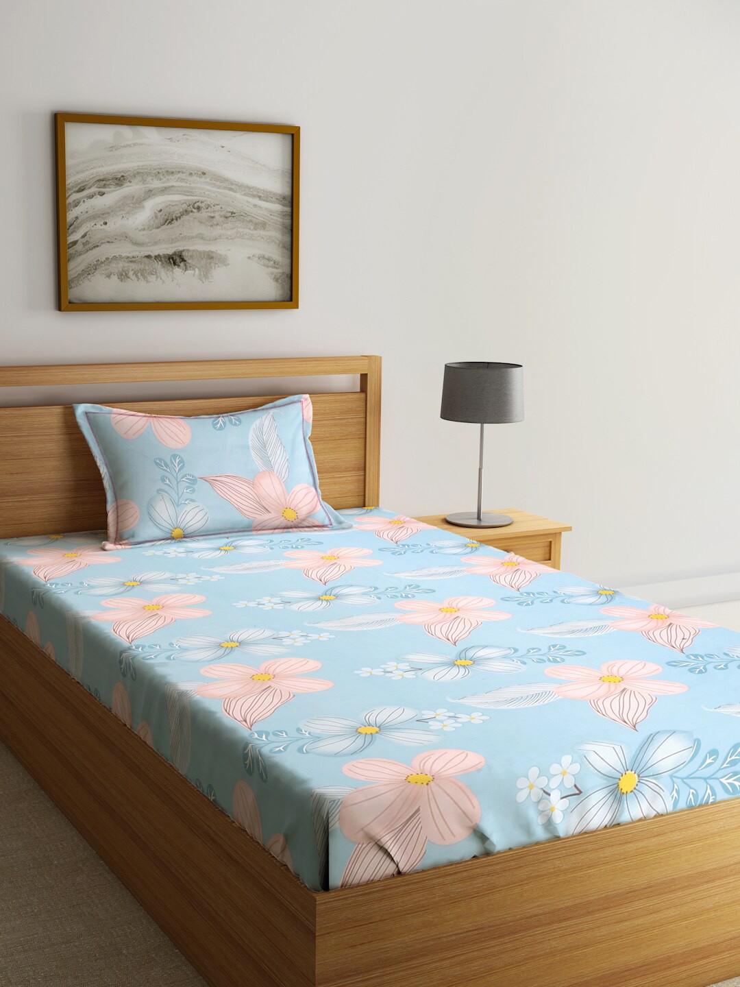 

SOKNACK Blue & Peach Floral Printed 300 TC Cotton Single Bedsheet With 1 Pillow Cover