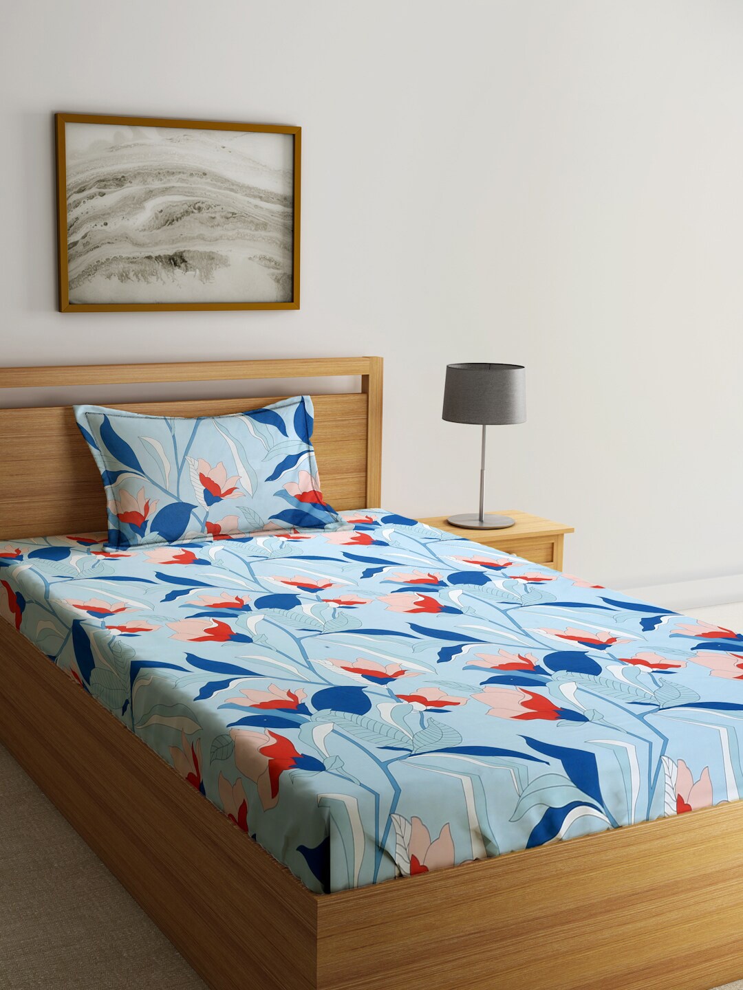 

SOKNACK Blue & Red Floral Printed 300 TC Single Bedsheet With 1 Pillow Cover