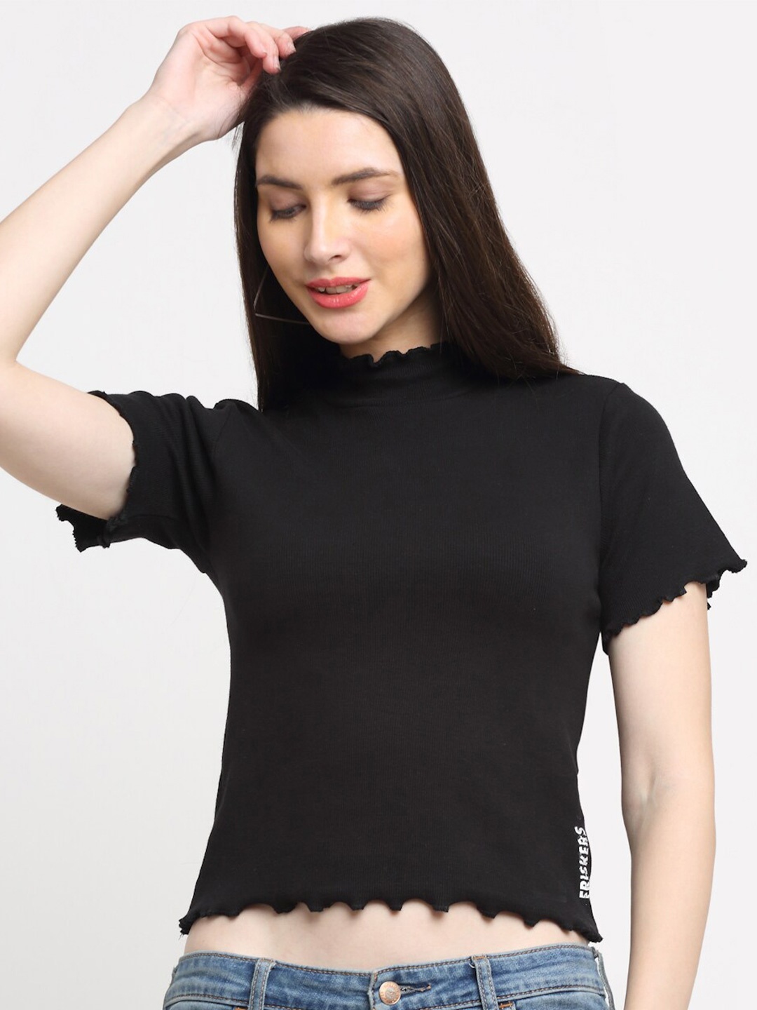 

Friskers High Neck Short Sleeves Cotton Rib Crop Top, Black