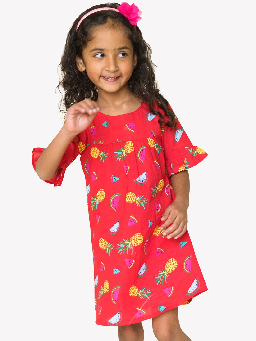 

Campana Girls Conversational Printed Ruffled A-Line Dress, Red