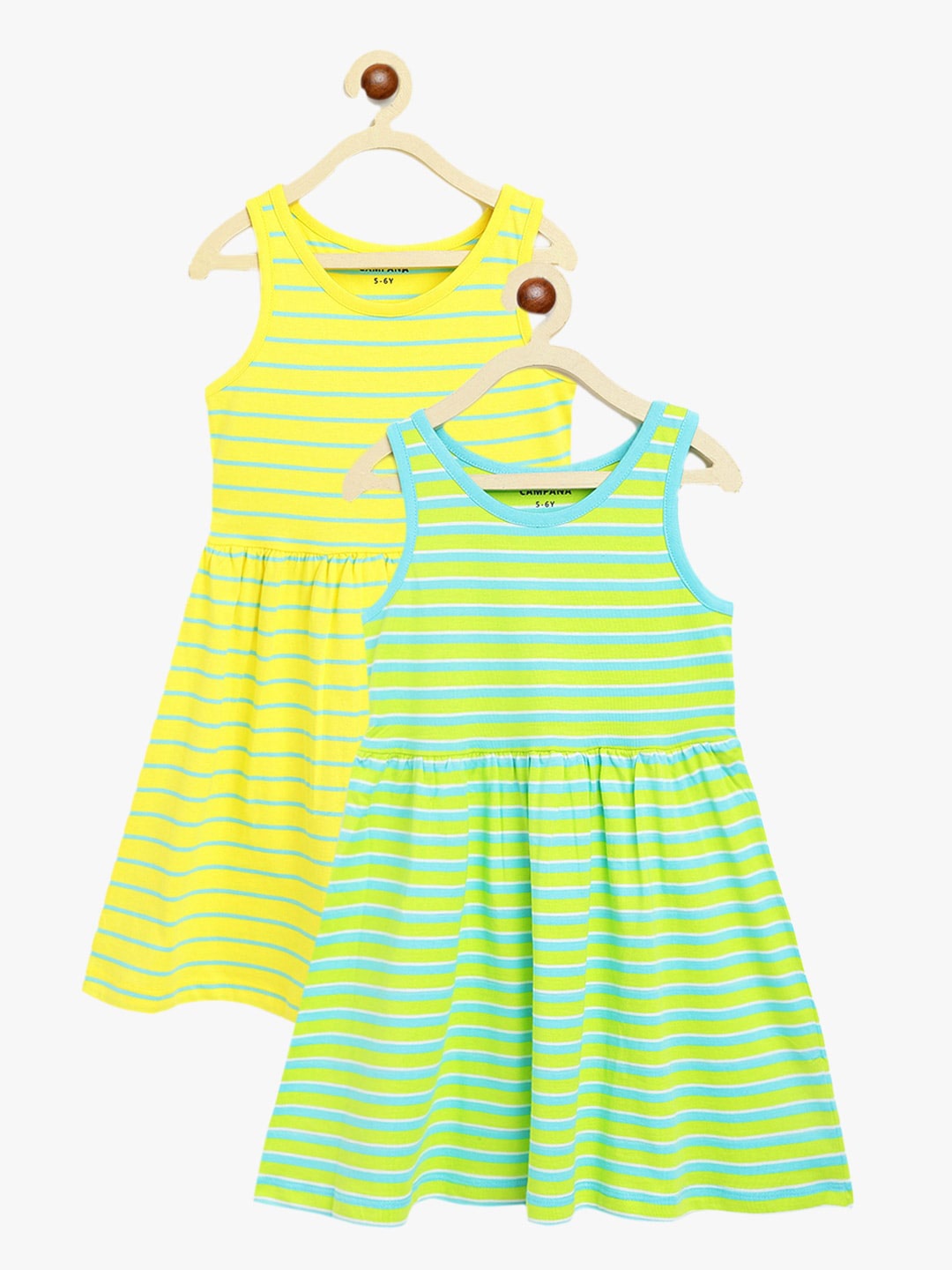 

Campana Girls Pack of 2 Striped Sleeveless Cotton Knee Length Fit and Flare Dress, Yellow