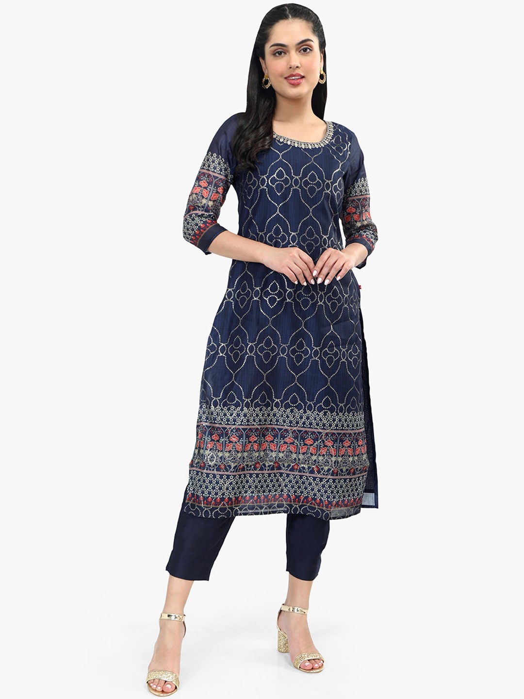 

Sangria Ethnic Motif Printed Straight Kurta With Trousers, Navy blue