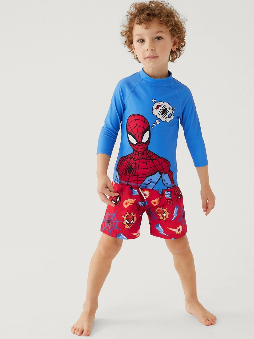 

Marks & Spencer Boys Spiderman Printed Swimwear T-Shirt & Shorts, Blue