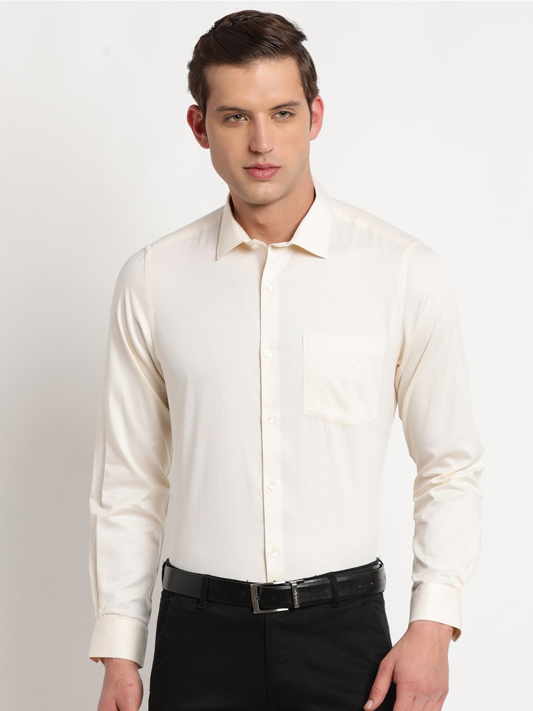 

Turtle Modern Slim Fit Self Design Textured Pure Cotton Formal Shirt, Cream