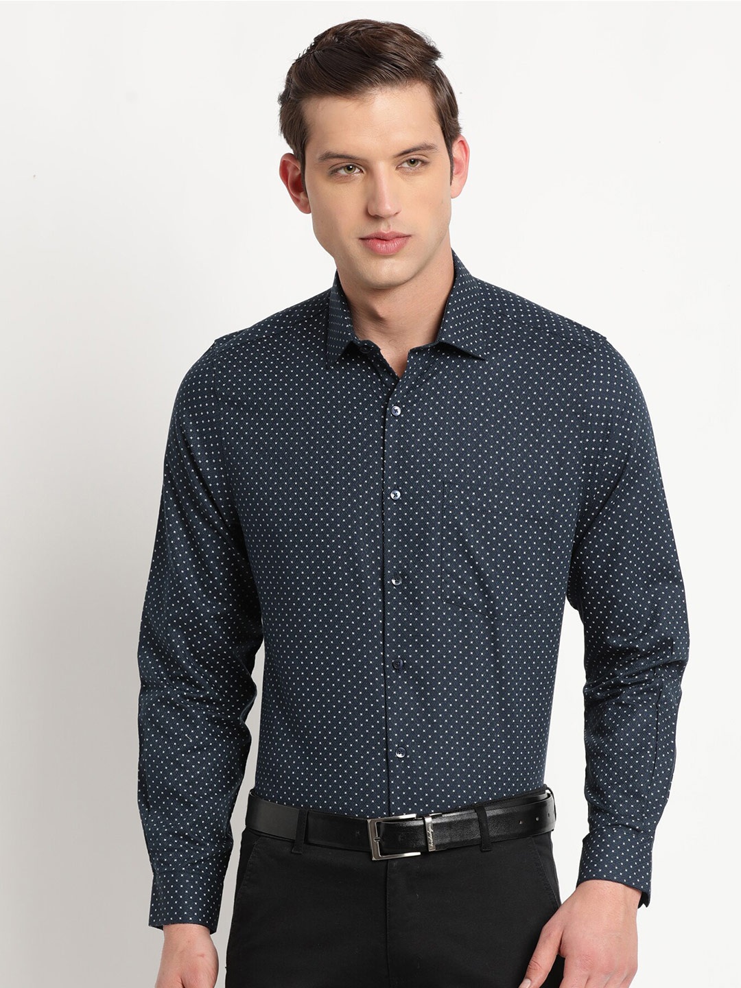 

Turtle Micro Ditsy Printed Slim Fit Pure Cotton Formal Shirt, Navy blue