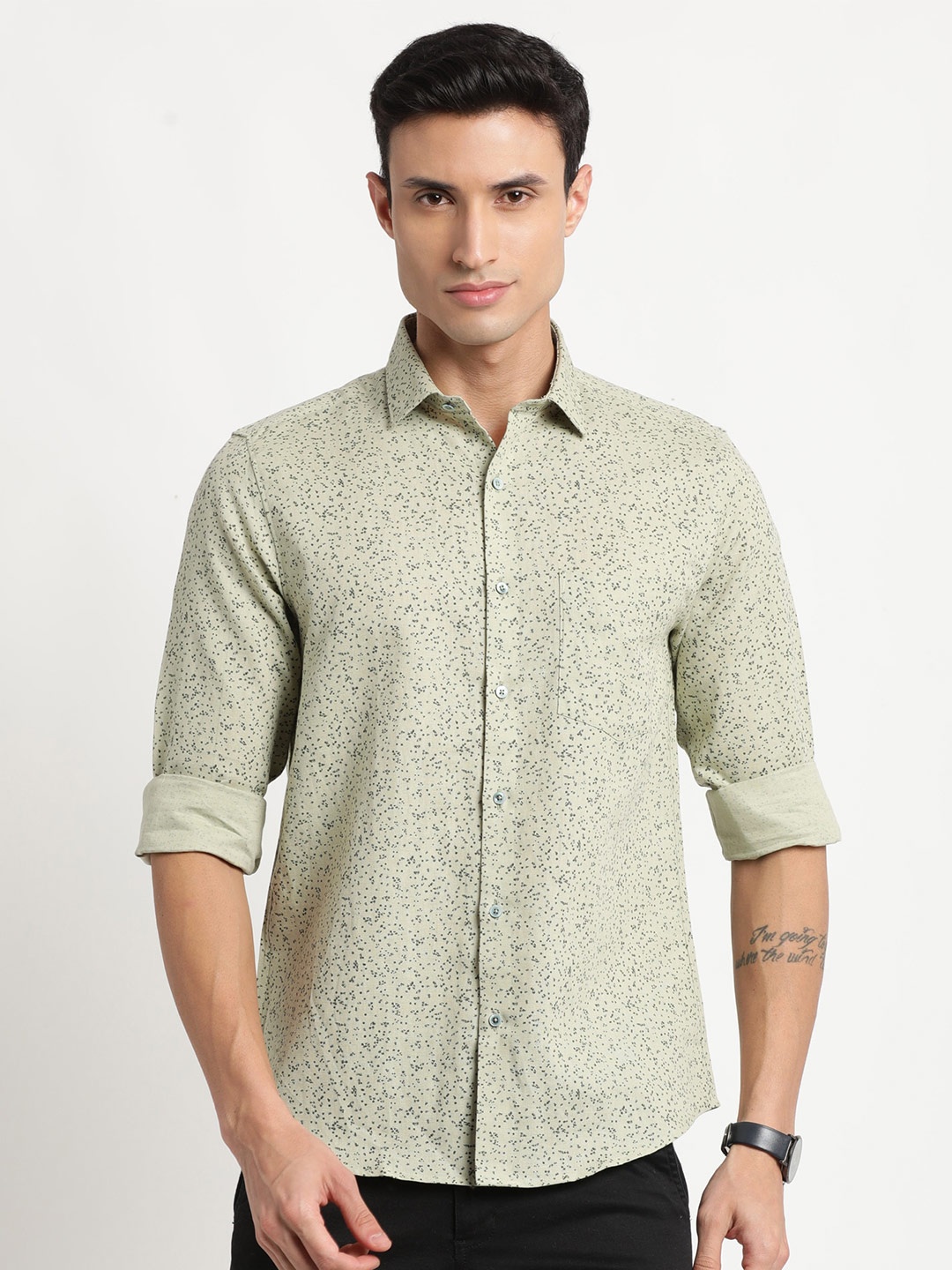 

Turtle Modern Slim Fit Micro Ditsy Printed Cotton Linen Casual Shirt, Green