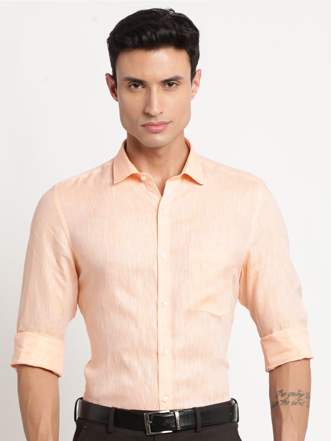 

Turtle Spread Collar Slim Fit Pure Linen Formal Shirt, Peach