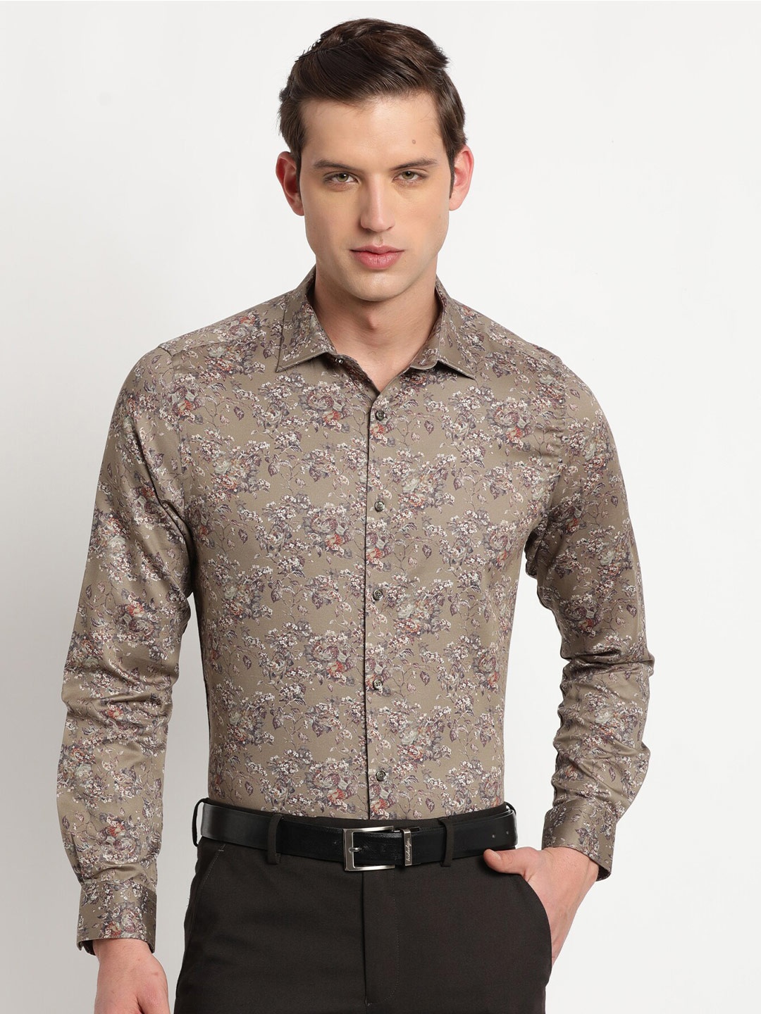 

Turtle Modern Slim Fit Floral Printed Cotton Formal Shirt, Khaki