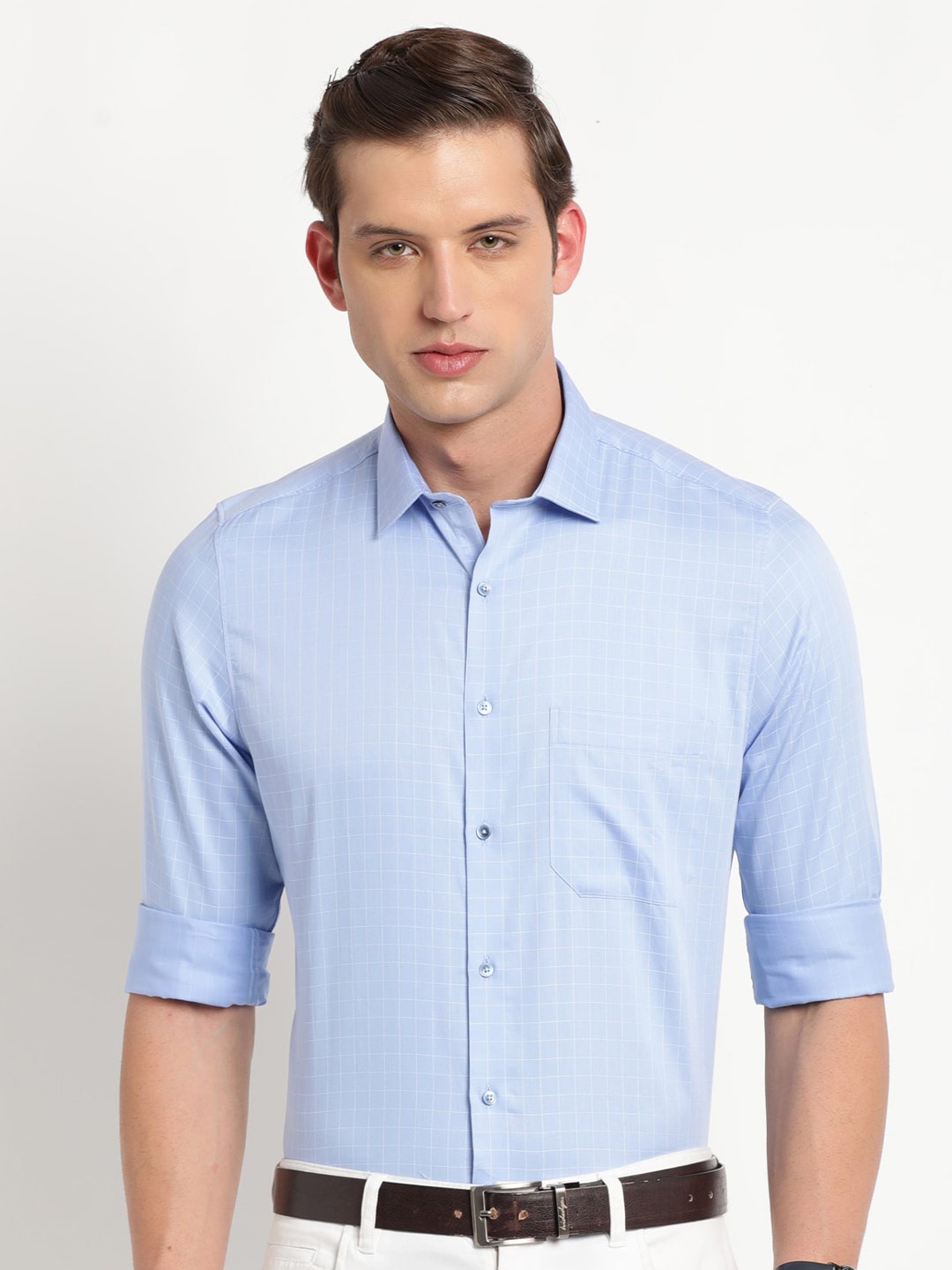 

Turtle Checked Pure Cotton Slim Fit Formal Shirt, Blue