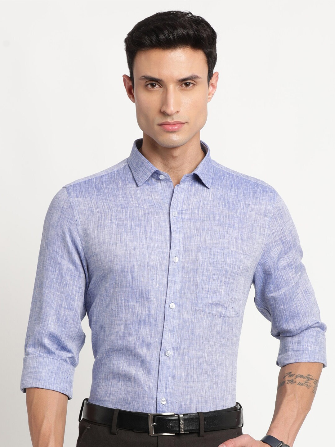 

Turtle Modern Slim Fit Pure Linen Formal Shirt, Blue