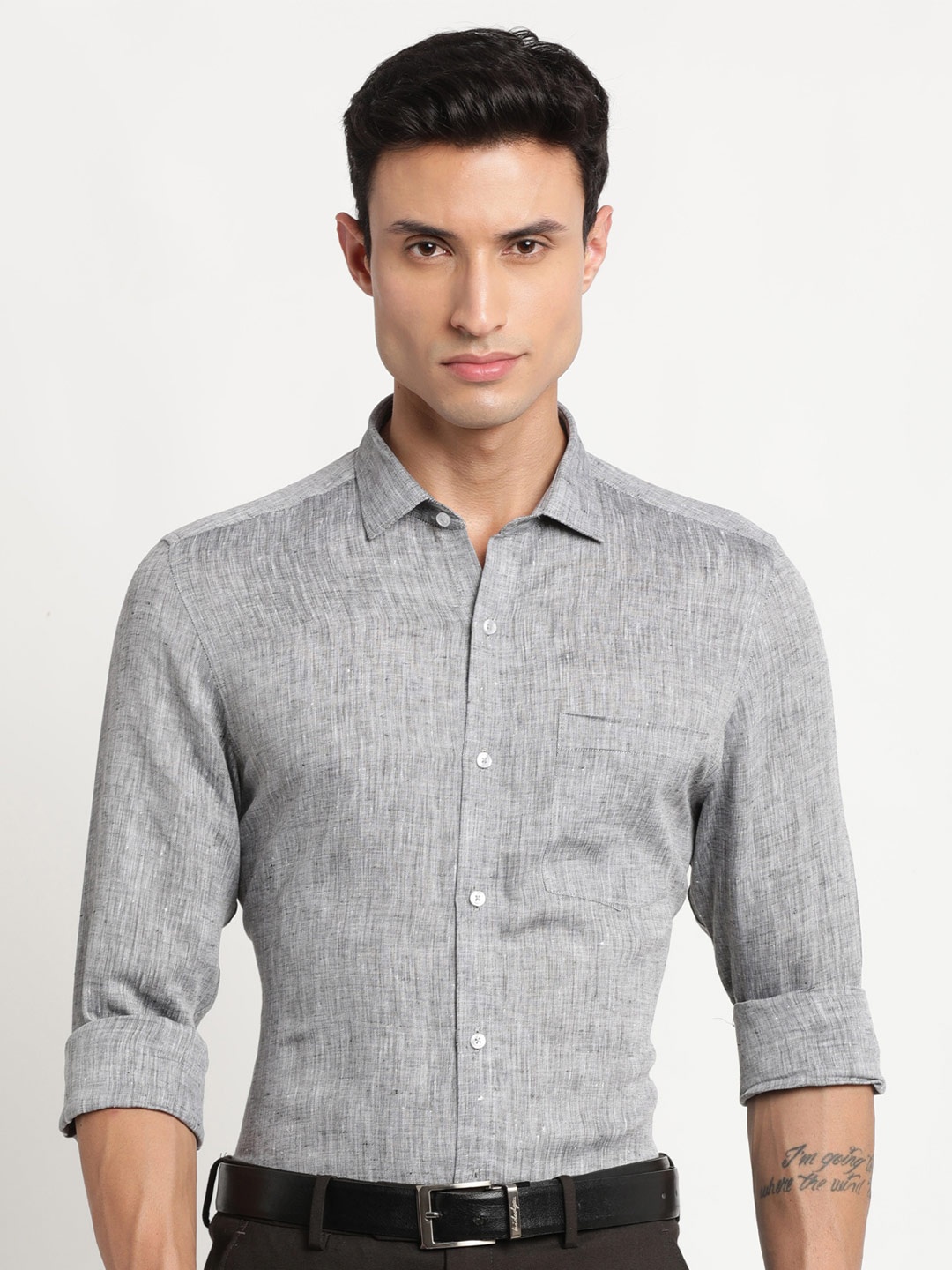 

Turtle Modern Slim Fit Pure Linen Formal Shirt, Black