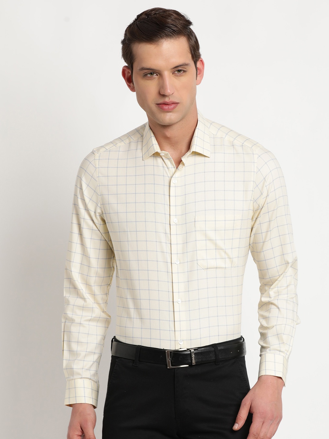 

Turtle Grid Tattersall Checks Pure Cotton Slim Fit Formal Shirt, Yellow