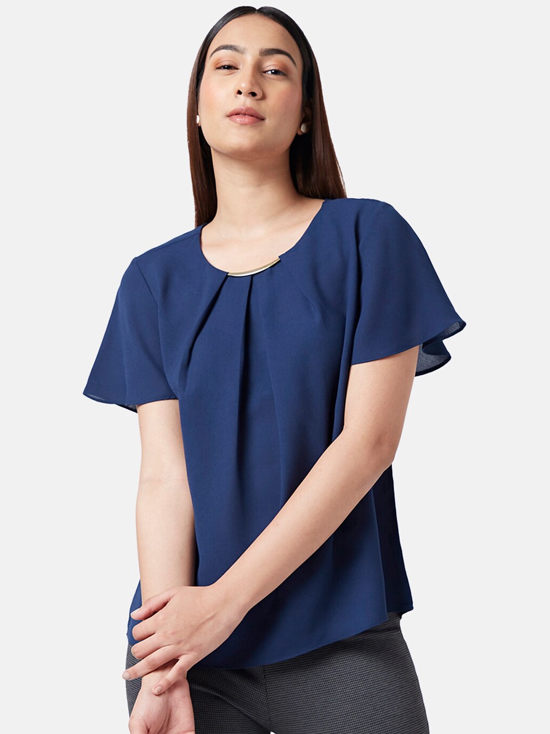 

Annabelle by Pantaloons Flared Sleeves Pleated Top, Navy blue
