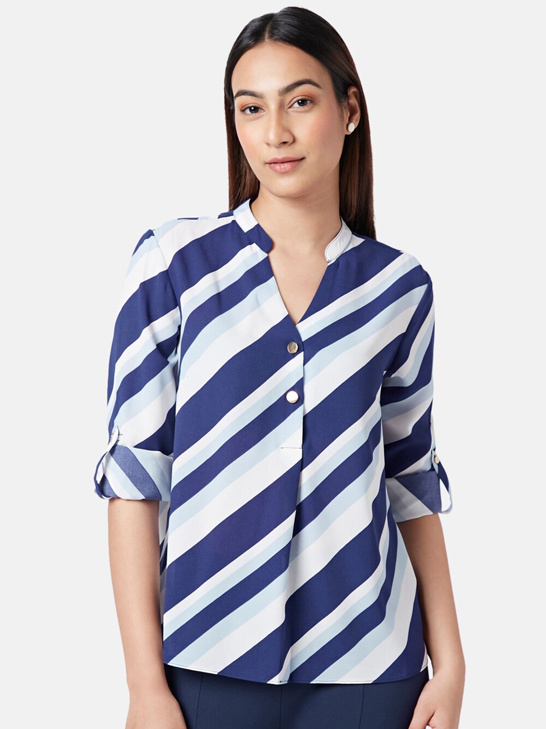 

Annabelle by Pantaloons Mandarin Collar Vertical Stripes Striped Top, Blue