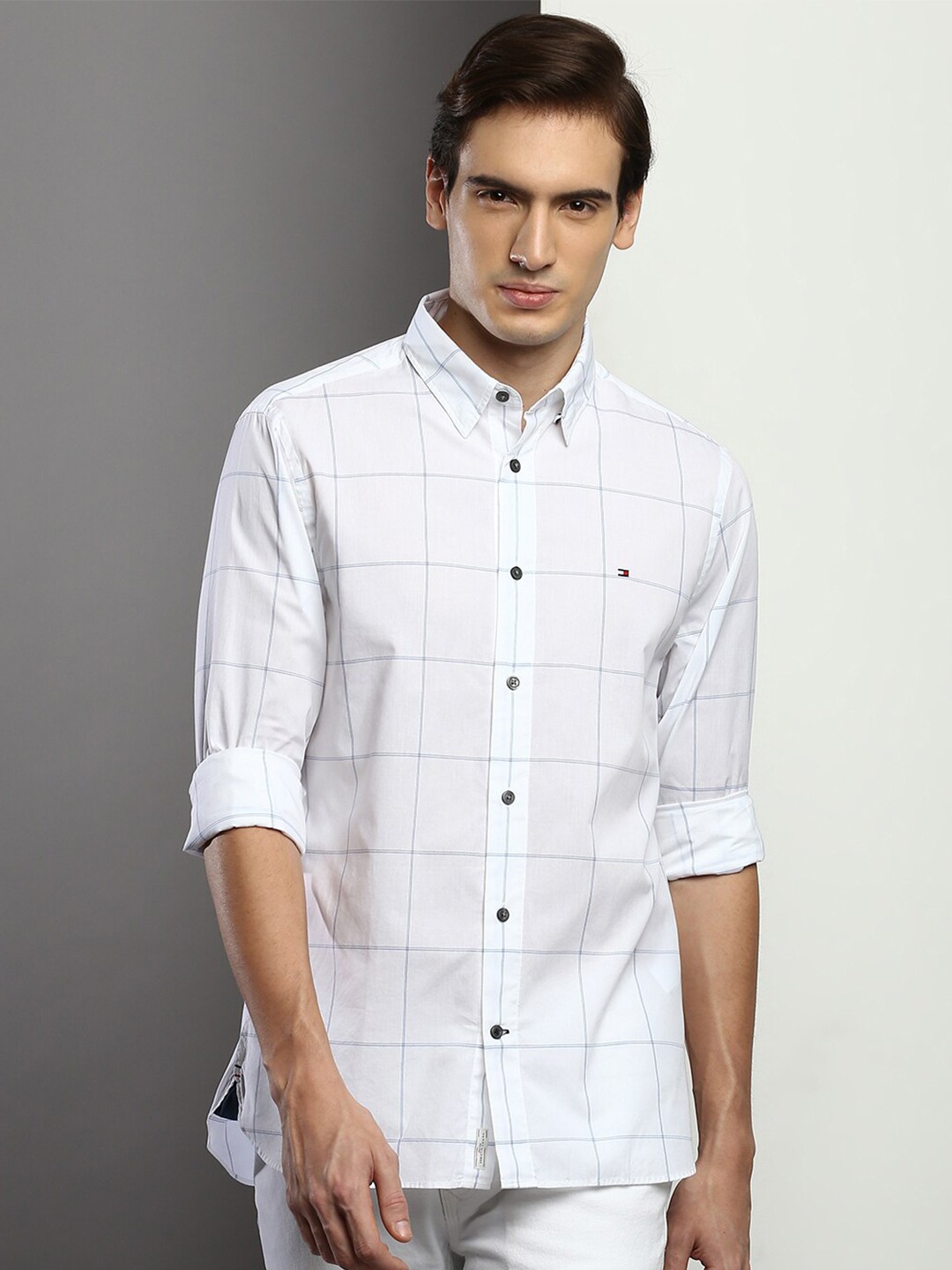 

Tommy Hilfiger Windowpane Checks Pure Cotton Casual Shirt, White