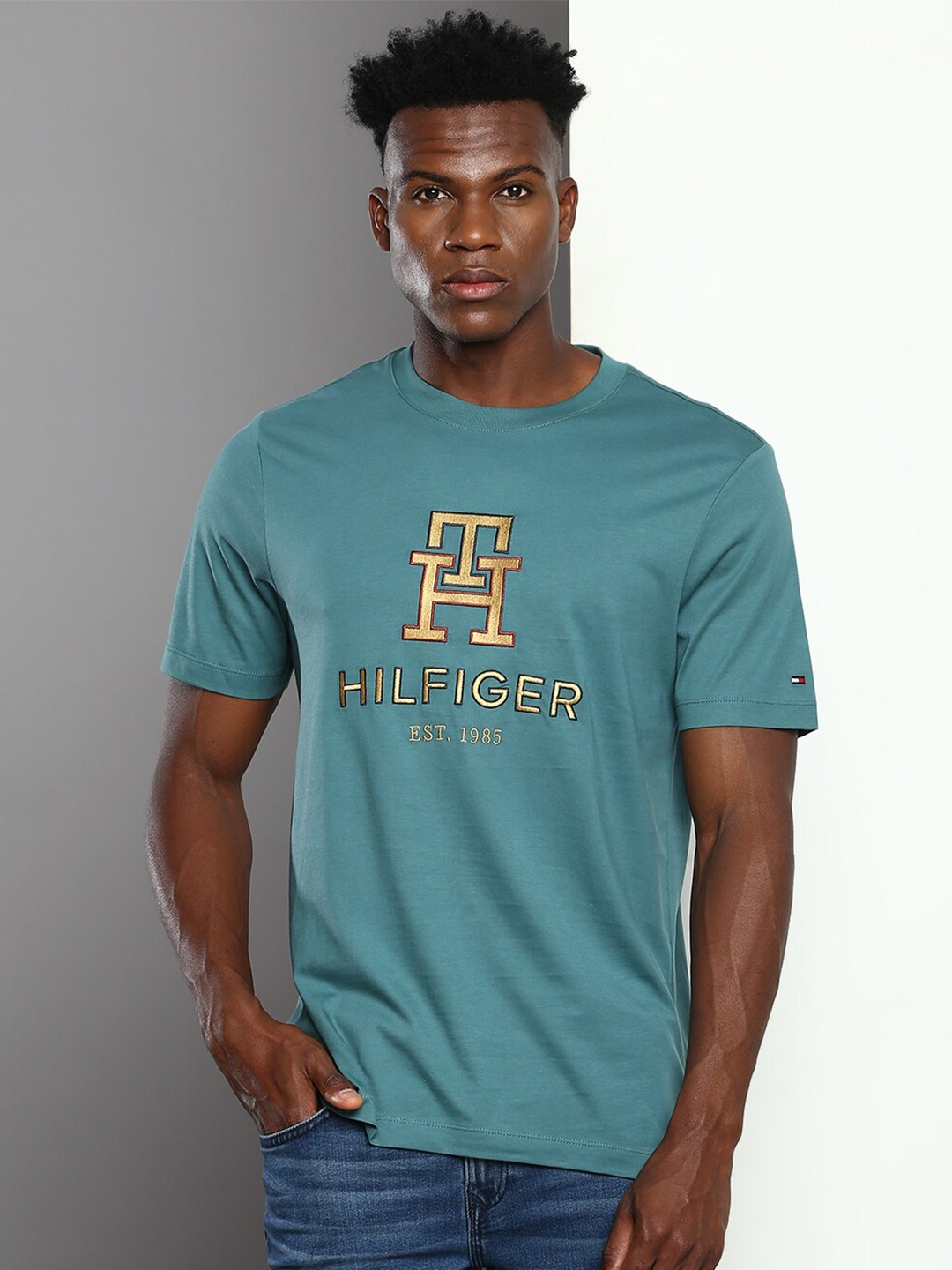 

Tommy Hilfiger Lettering Embroidery Round Neck Cotton T-shirt, Teal