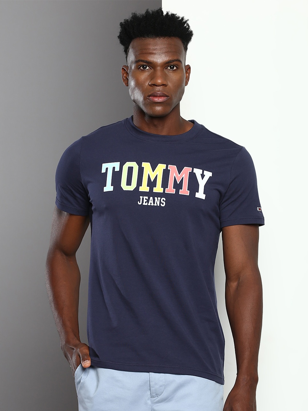 Tommy Hilfiger Typography Printed Cotton Slim Fit T-shirt, Navy blue