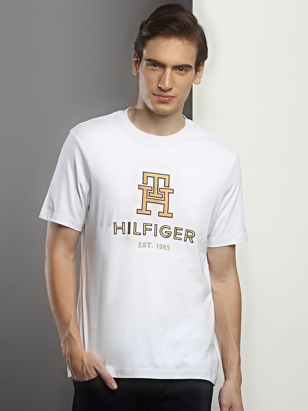 

Tommy Hilfiger Round Neck Typography Brand logo Embroidered Slim Fit T-shirt, White