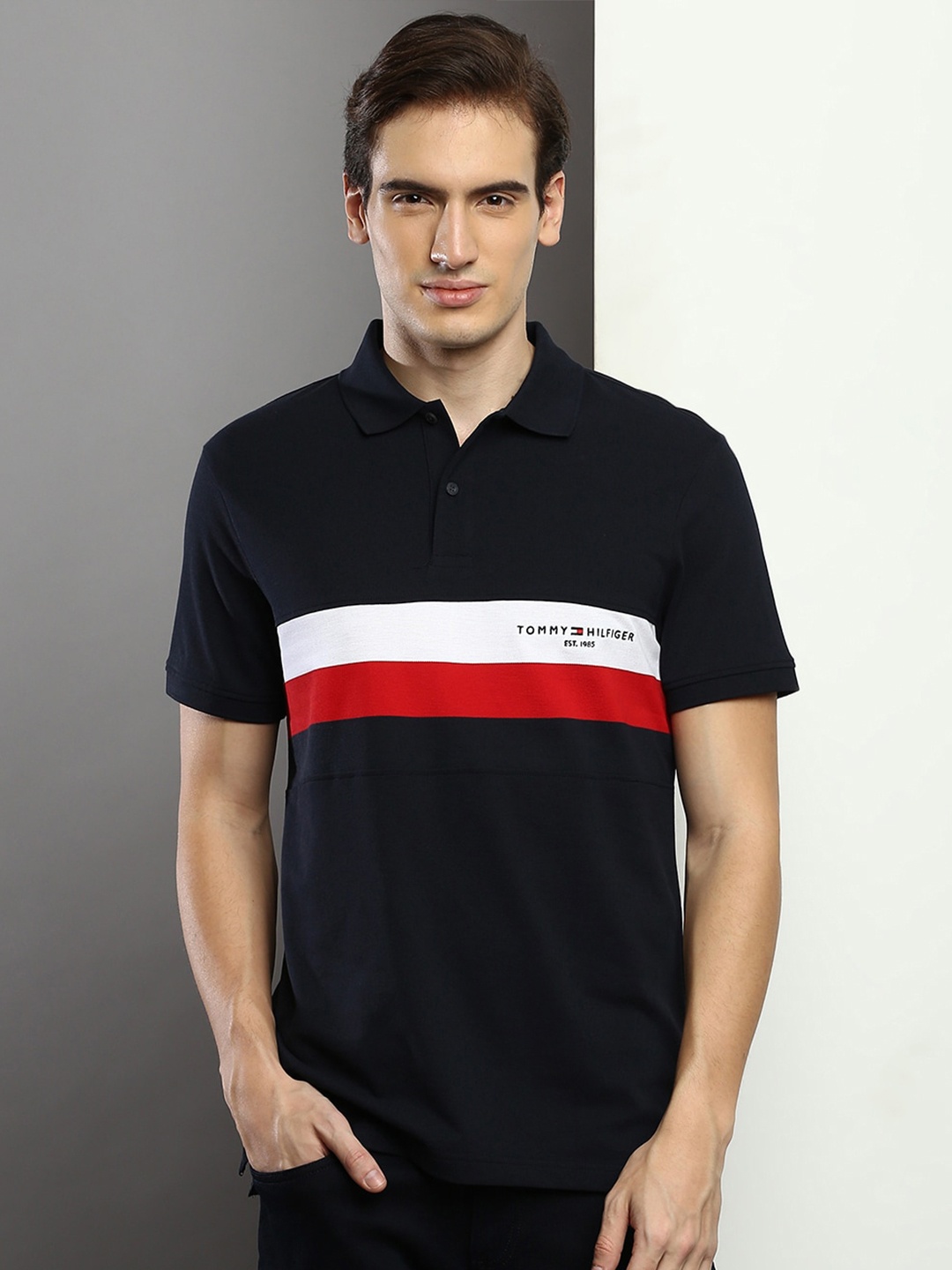 

Tommy Hilfiger Colourblocked Polo Collar Slim Fit Organic Cotton T-shirt, Navy blue