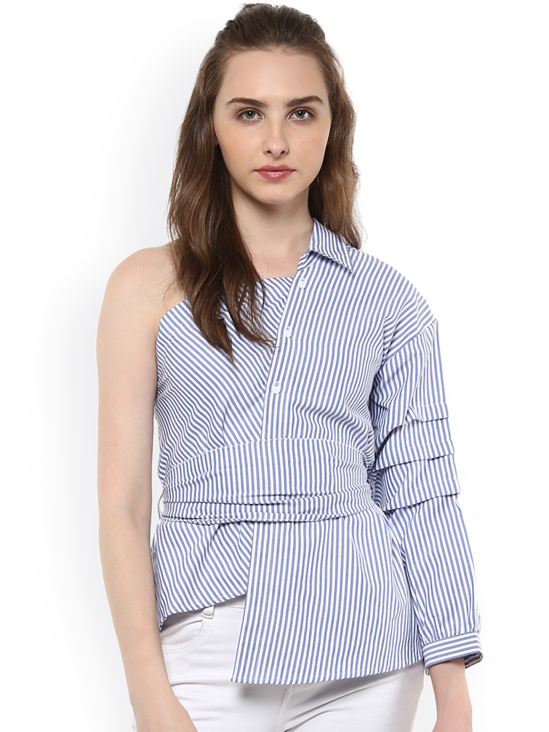 

StyleStone Women White & Blue Striped Shirt Style One-Shoulder Pure Cotton Top