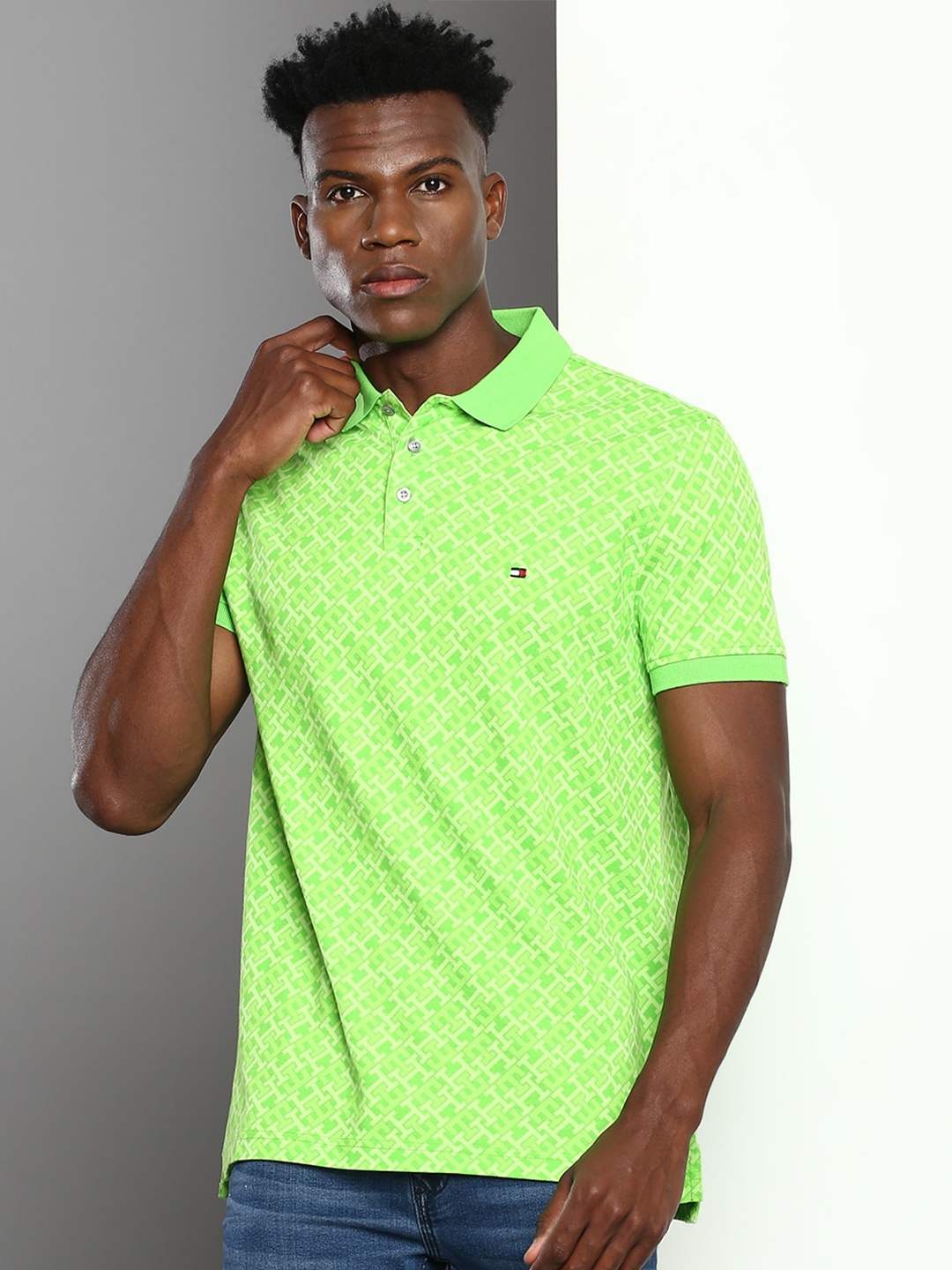 

Tommy Hilfiger Typography Printed Polo Collar Organic Cotton T-shirt, Lime green