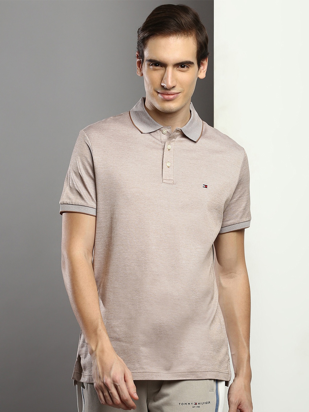 

Tommy Hilfiger Men Reg Polo Collar Regular Fit Pure Cotton T-shirt, Beige