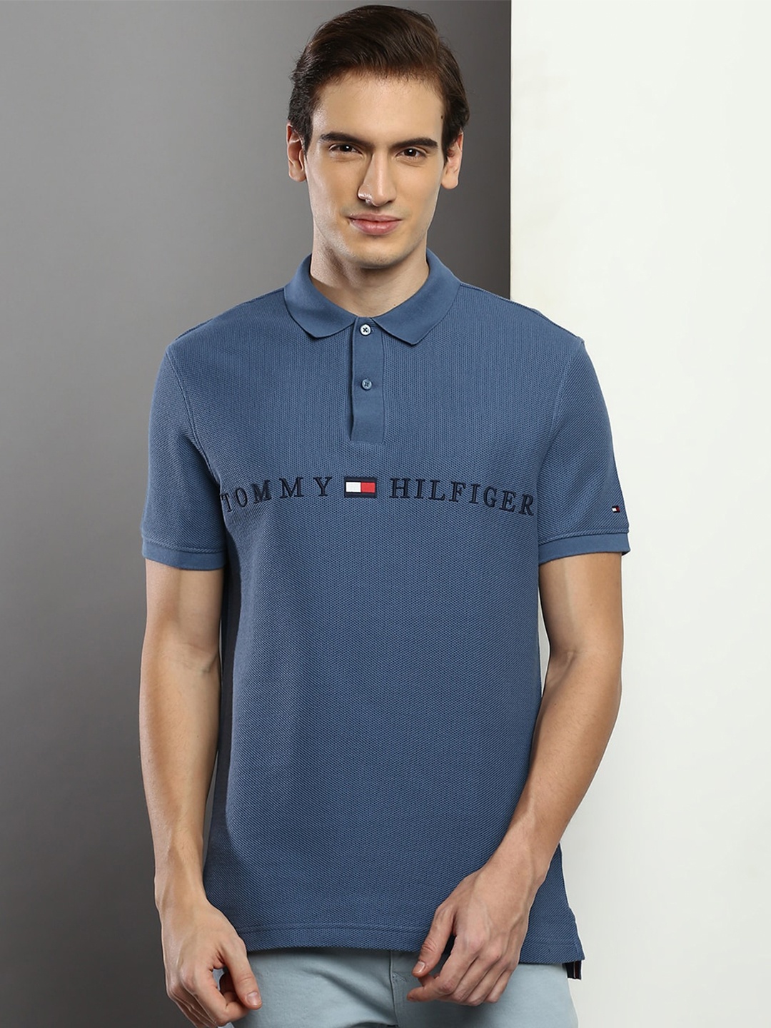 

Tommy Hilfiger Brand Logo Printed Polo Collar Pure Cotton T-shirt, Blue