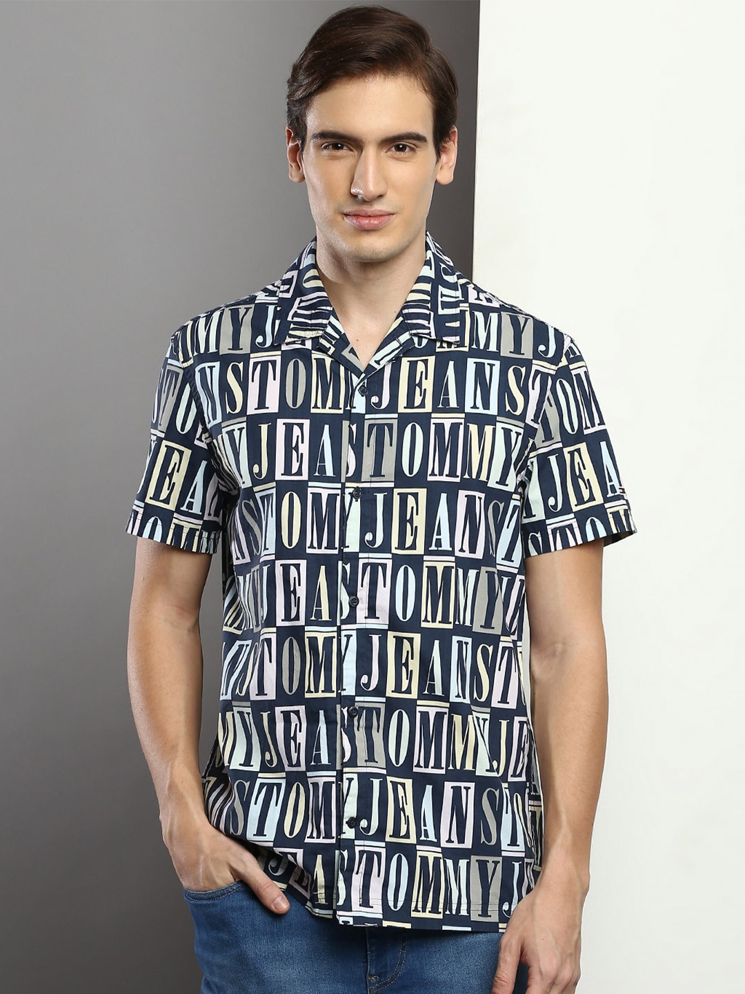 

Tommy Hilfiger Classic Typography Printed Pure Cotton Casual Shirt, Blue