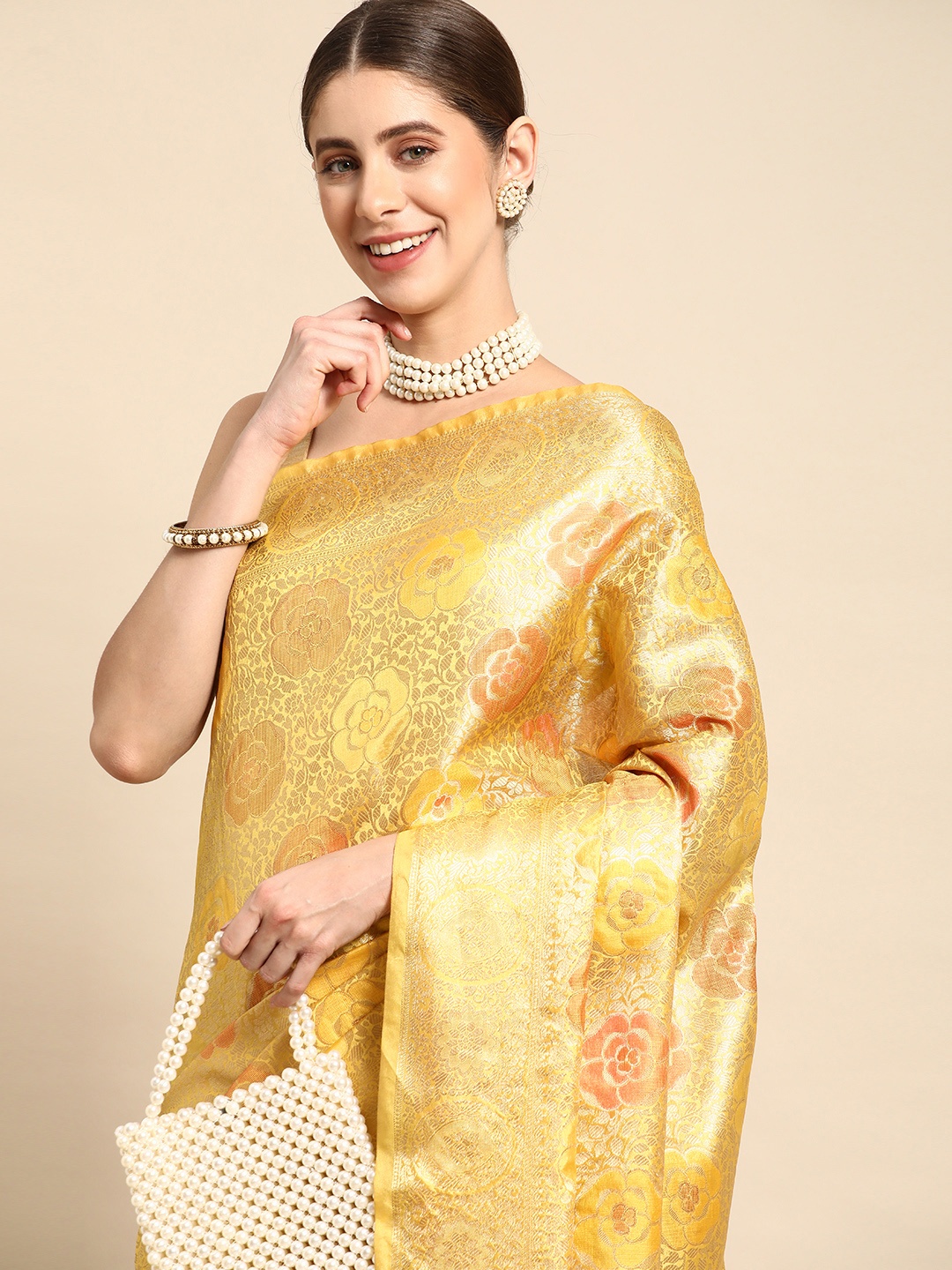 

Mitera Floral Zari Organza Kanjeevaram Saree, Yellow