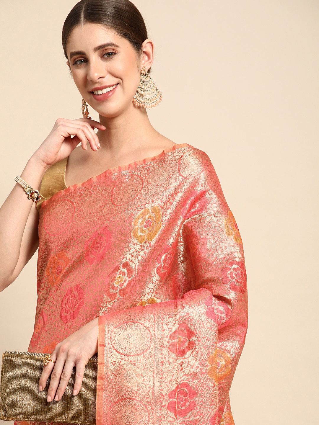 

Mitera Floral Zari Organza Kanjeevaram Saree, Pink