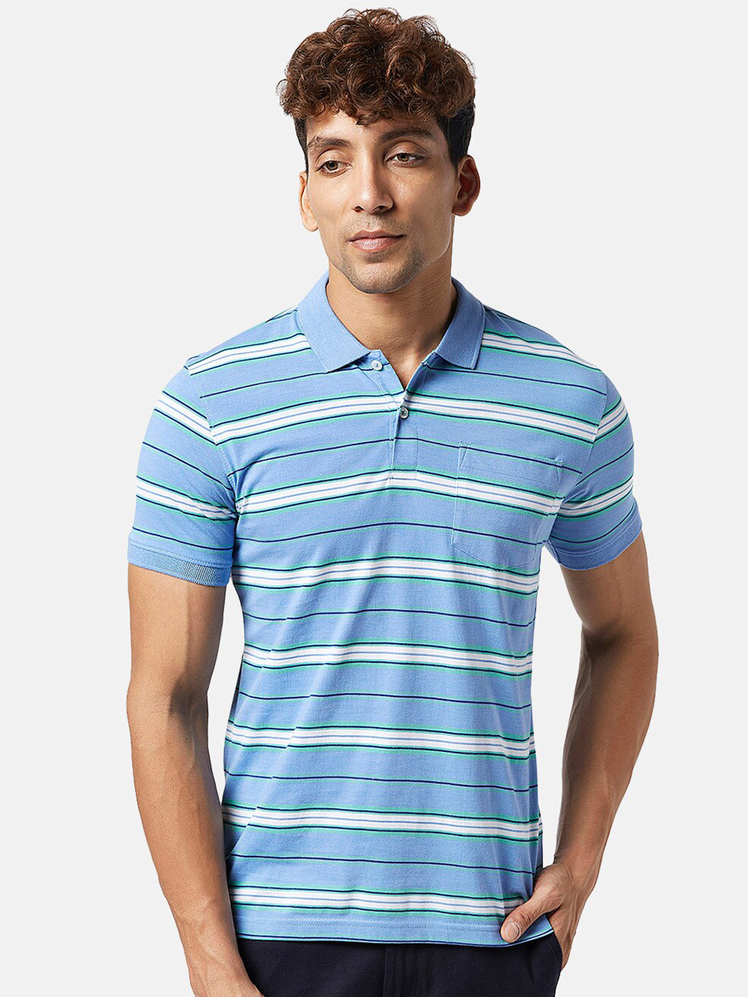 

BYFORD by Pantaloons Striped Polo Collar Cotton Slim Fit T-shirt, Blue