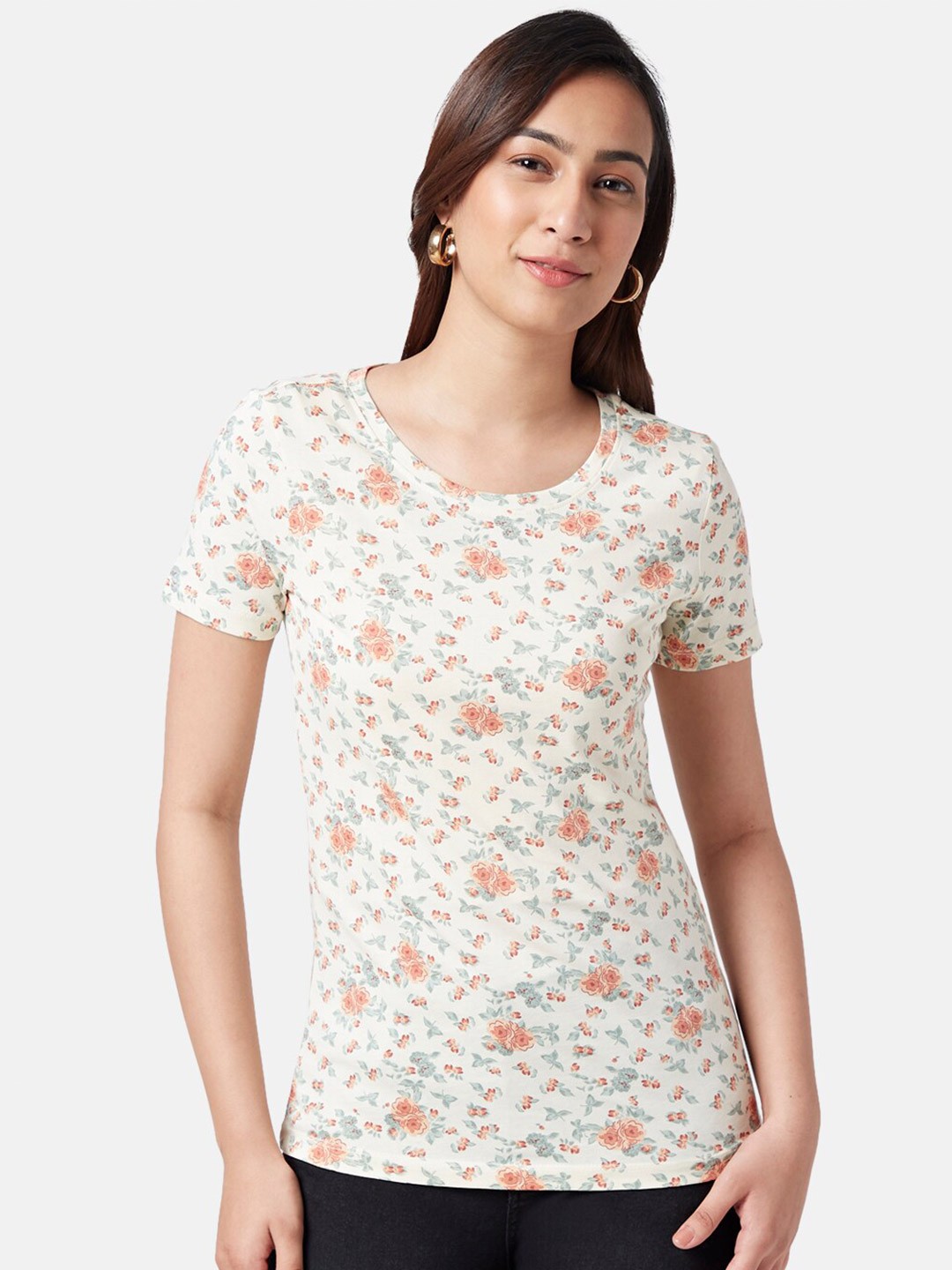 

Honey by Pantaloons Floral Printed Cotton T-shirt, Cream