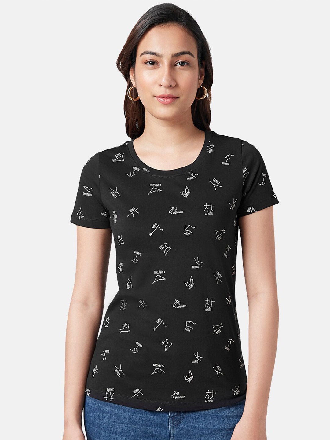 

Honey by Pantaloons Round Neck Conversational Printed Cotton T-shirt, Black