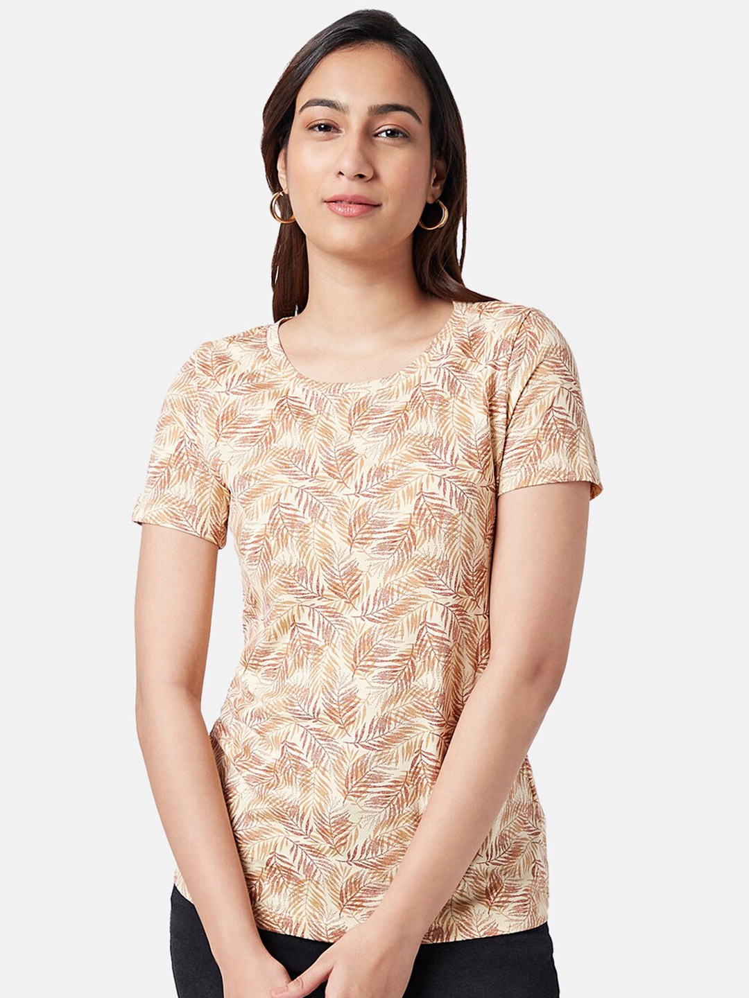 

Honey by Pantaloons Tropical Printed Cotton T-shirt, Beige