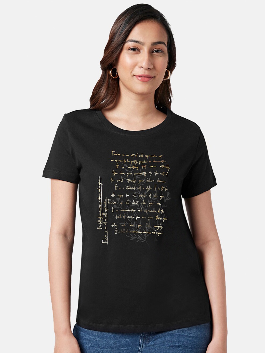 

Honey by Pantaloons Women Typography Printed Cotton T-shirt, Black