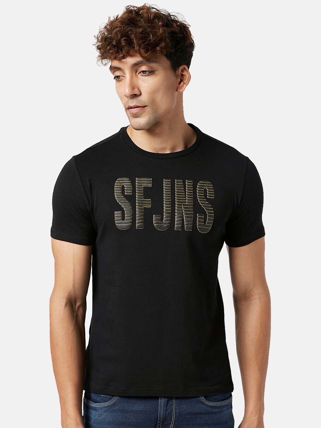 SF JEANS by Pantaloons Men Typography Printed Applique T-shirt, Black