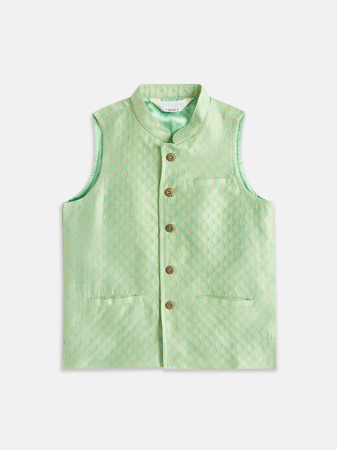 

indus route by Pantaloons Boys Ethnic Motifs Printed Jacquard Silk Blend Nehru Jacket, Sea green