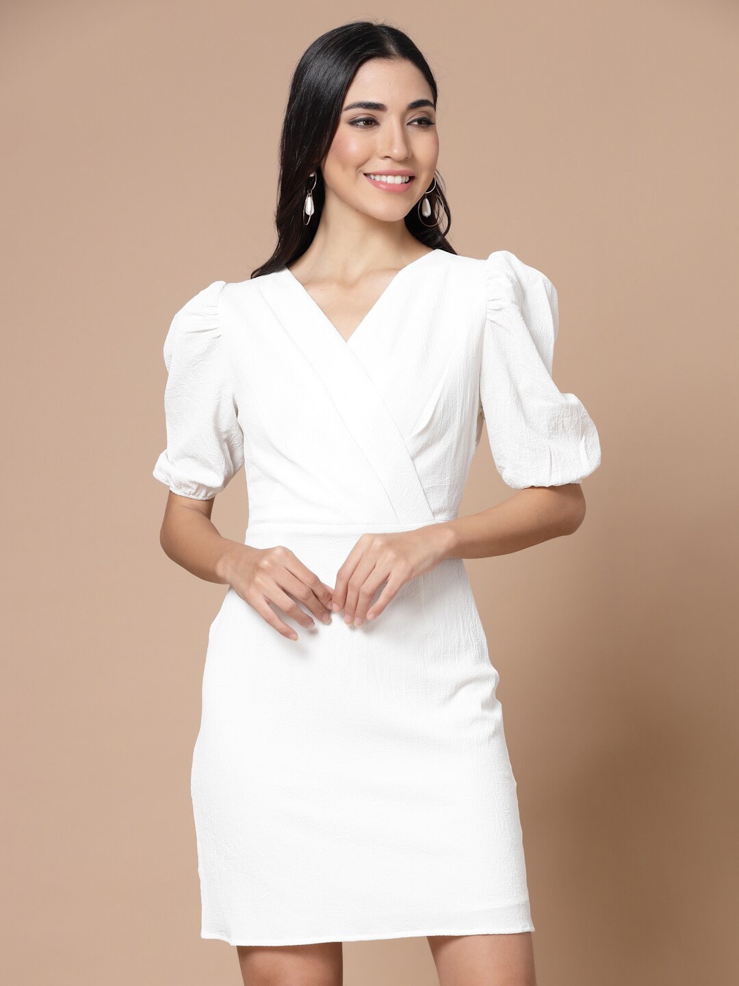 

Strong And Brave Women Odour Free V-Neck Puff Sleeve Crepe Dress, White
